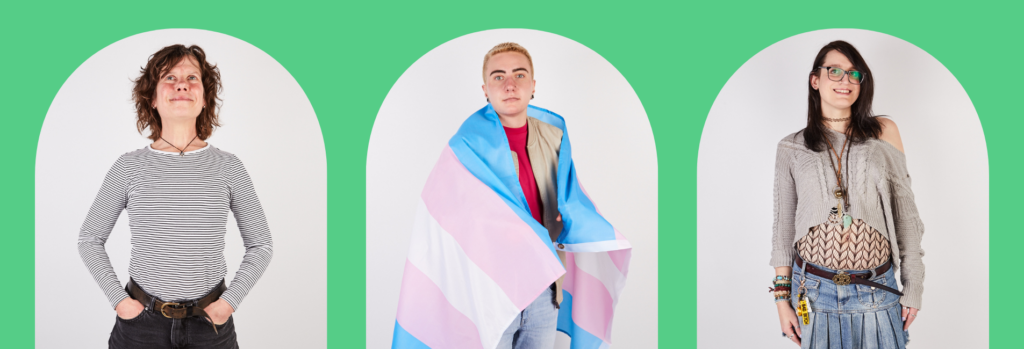 A green banner shows three archway portraits of three diverse people with different gender identity, race, sexuality and age