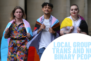 Three people walking confidently towards camera. Masc-presenting person with long hair on the left covered with huge trans flag, brown man with short curly hair in the middle covered with huge rainbow flag, and fem-presenting person with short hair on the right covered with huge non-binary flag. the copy reads "Local groups: trans and non-binary people"