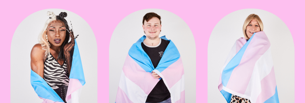 A pink banner has three arch shaped images of diverse gender, sexuality, age and race trans people