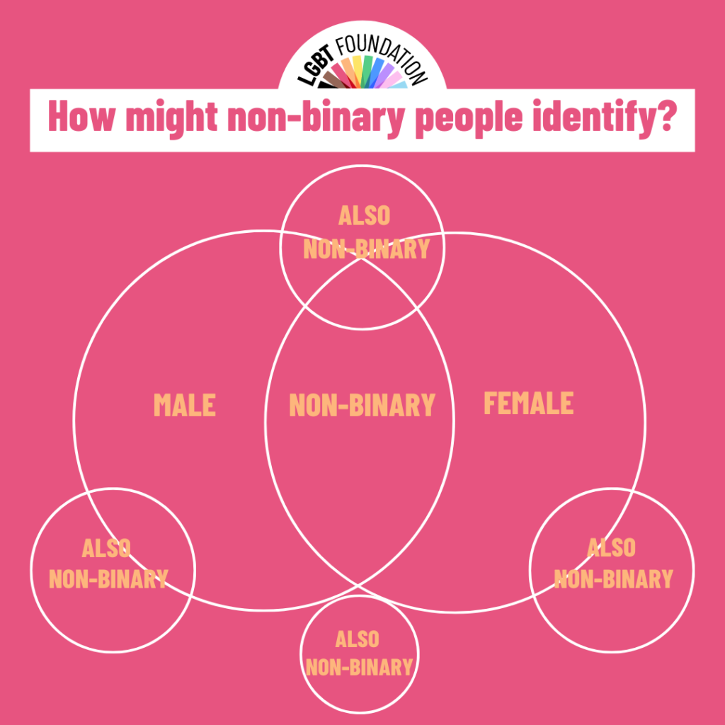 A ven diagram visually displays the diversity of non-binary identities by overlaying non-binary onto a male and female diagram