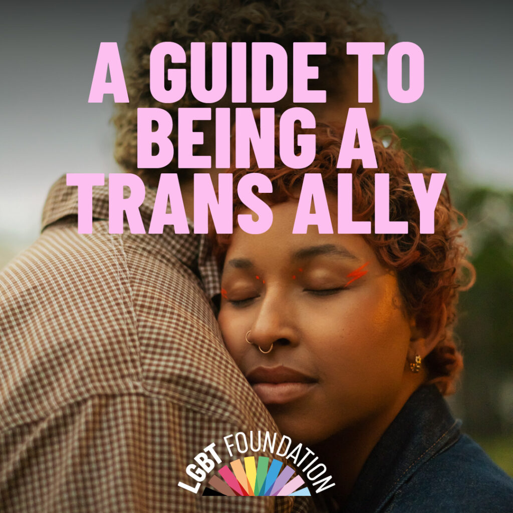 A picture of two black queer people hugging is shown with the words "a guide to being a trans ally" overlayed