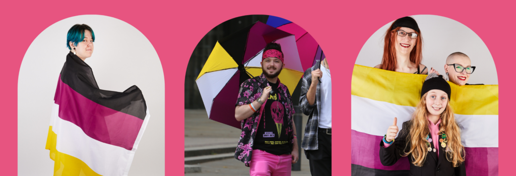 three images in archway frames against a dark pink background. The images show different diverse people and families holding items with the non-binary flag on them.