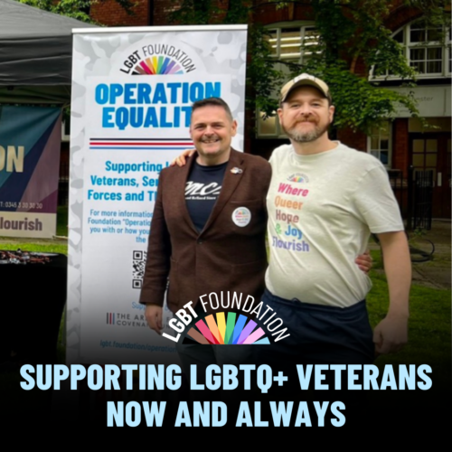 Image: Operation Equality table with two members of the team. Text: Supporting LGBTQ+ Veterans Now and Always.