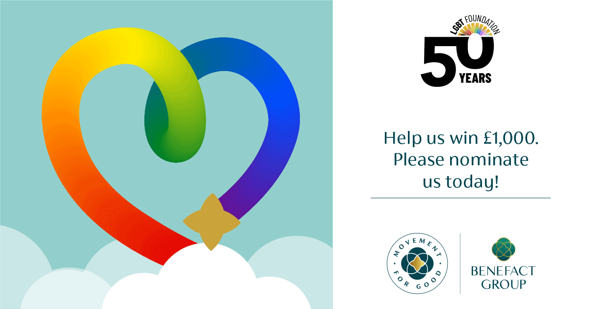 Banner with animated rainbow heart asking supporters to help LGBT Foundation win a £1000 donation from Movement for Good