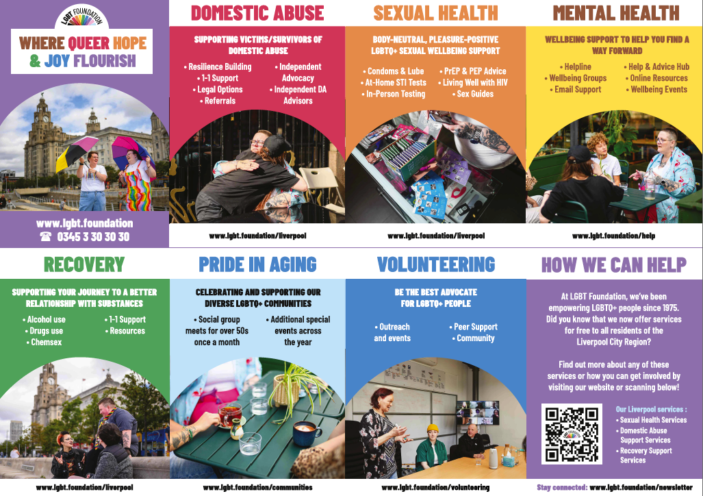 An A3 leaflet summarising LGBT Foundation's services in Liverpool. Click on the image to download the PDF.