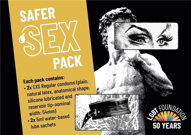 The design of our 50th Anniversary Safer Sex Packs, featuring our "Out in the City" design, and information about the pack's contents (2 condoms and sachets of lube). The pack illustrates the activity happening at this event, which is condom packing, and also references our X-rated archive material relating to gay men's safer sex campaigns from the 1990s that will feature in the exhibition.