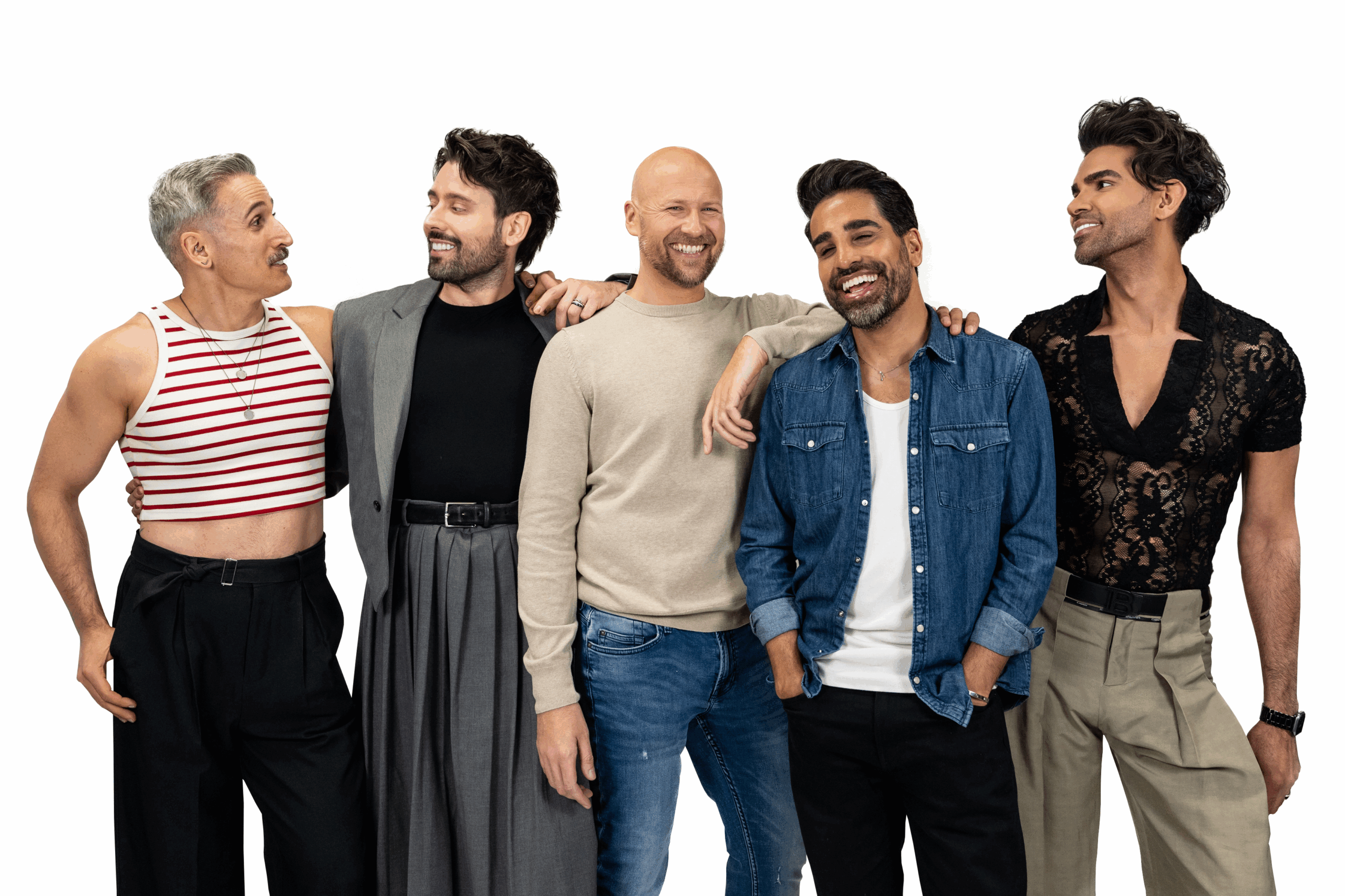A group of LGBTQ+ men smiling and looking at each other against a white backdrop for LGBT Foundation's Man Enough campaign