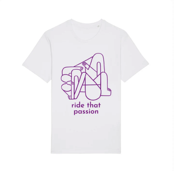 White t-shirt with an abstract purple graphic and "Ride That Passion" underneath