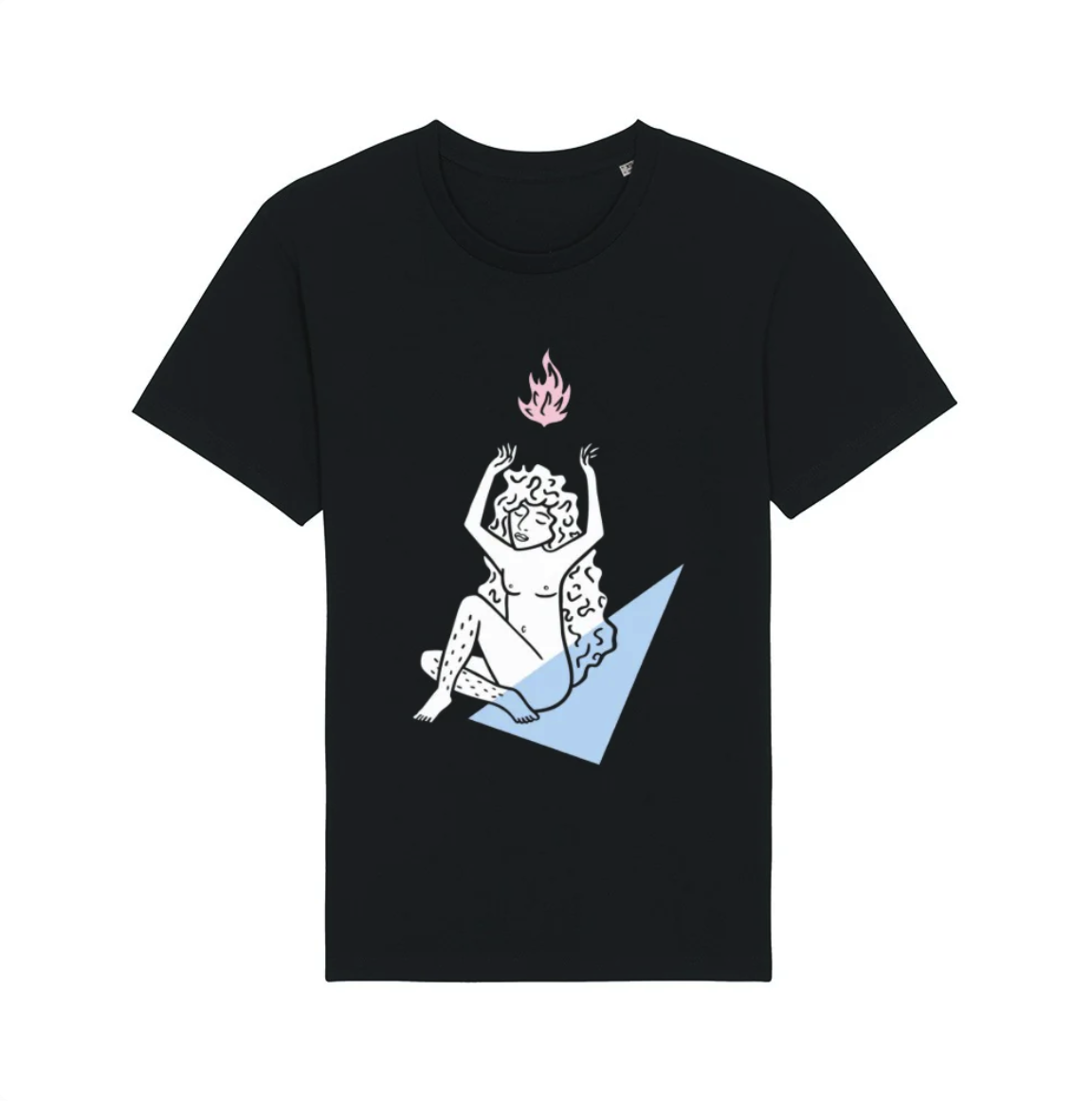 A black t-shirt on a white background with an illustrated graphic of a gender non-conforming person with their eyes closed, a pink flame above their head and a pale blue triangle across the bottom of their body (trans pride flag colour variant).