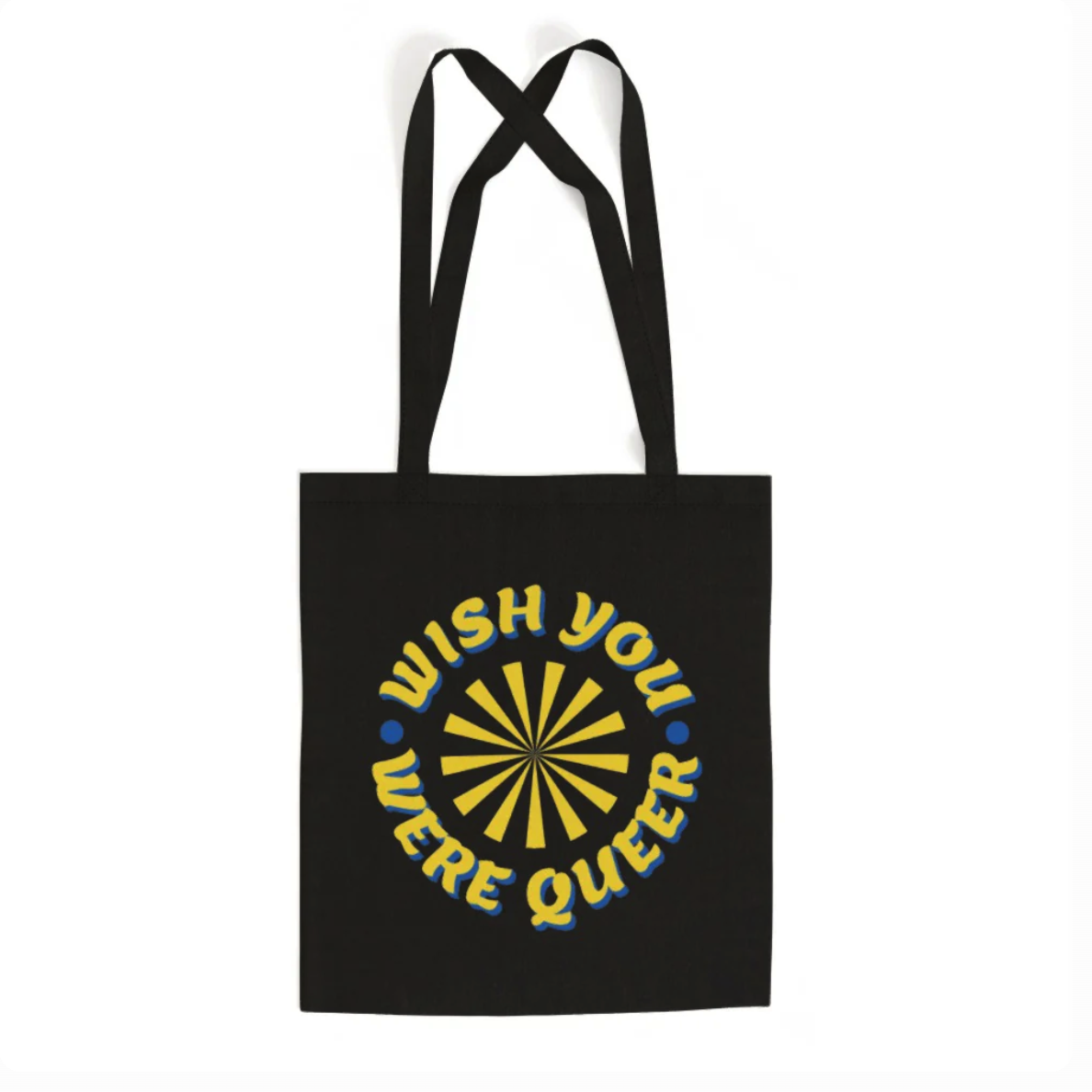 A black LGBT Foundation tote bag with a yellow radial graphic and the words "Wish You Were Queer" in all-caps, '70s-inspired font.