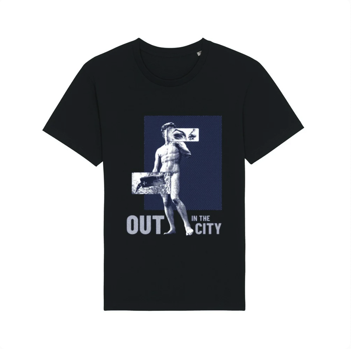 A black t-shirt on a white background with a graphic featuring the statue of David and the eyes and hat of Dita Garbo/Dan Laws, LGBT Foundation's 50th Anniversary Ambassador. The type reads "Out in the City", a line taken from our archive material and a LGBTQ+ social group for over 50s in Manchester.