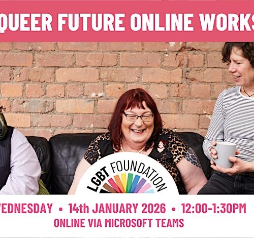 Three people smiling while conversing.