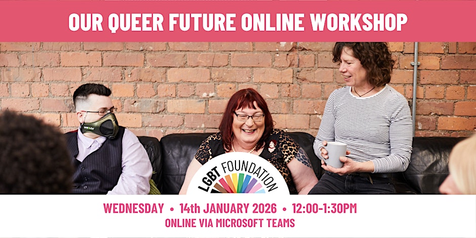 Three people smiling while conversing.