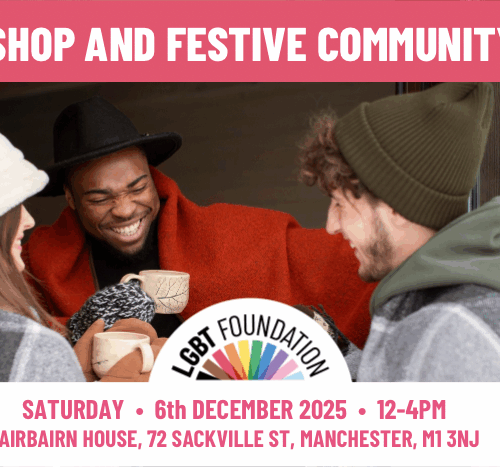 Three people laughing over coffee.